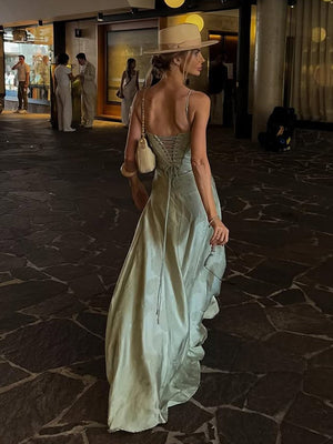 Sage Mermaid Satin Spaghetti Straps Long Prom Dresses – Prom Dresses by KissProm | Available at KissProm