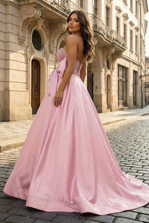 A - Line Sweetheart Lilac Beaded Long Prom Dresses With Bow - KissProm