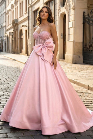 A - Line Sweetheart Lilac Beaded Long Prom Dresses With Bow - KissProm