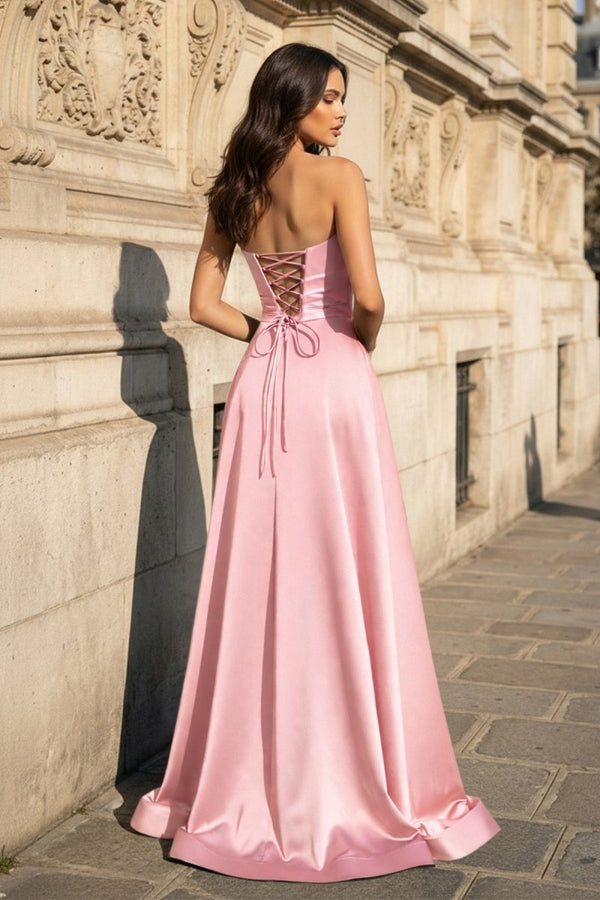 A Line Black Strapless Satin Prom Dresses With Slit – Prom Dress by KissProm | Available at KissProm