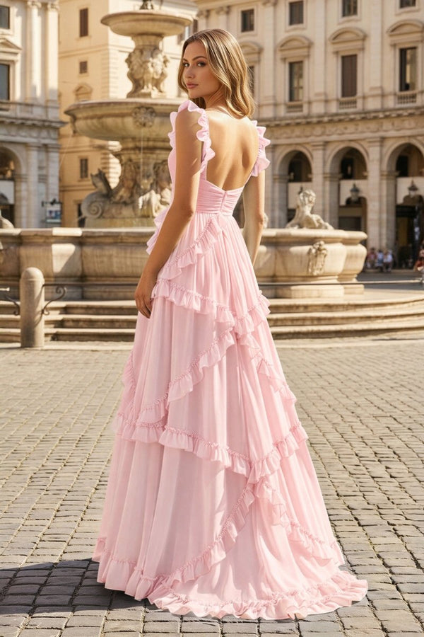 A-Line Straps Sky Blue Chiffon Ruffles Long Prom Dress – Prom Dresses by KissProm | Available at KissProm