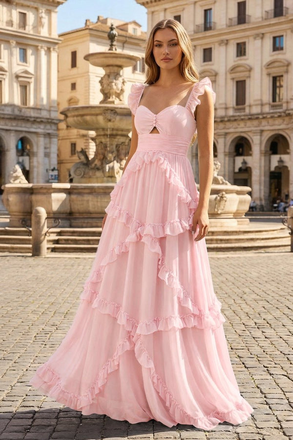 A-Line Straps Sky Blue Chiffon Ruffles Long Prom Dress – Prom Dresses by KissProm | Available at KissProm