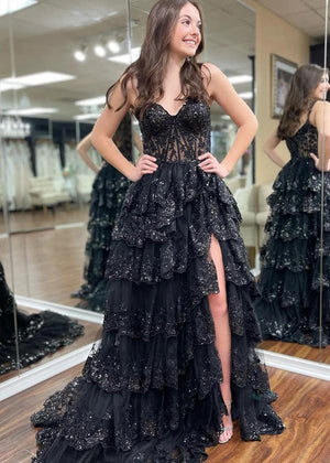 A-Line Lace Off-the-Shoulder Tiered Long Prom Dress with Slit – Prom Dress by KissProm | Available at KissProm
