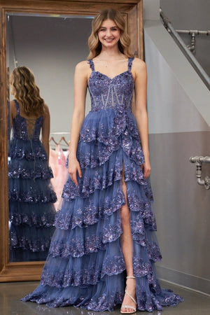 A-Line Lace Off-the-Shoulder Tiered Long Prom Dress with Slit – Prom Dress by KissProm | Available at KissProm
