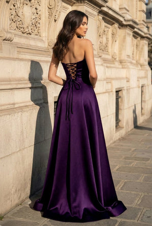 A Line Black Strapless Satin Prom Dresses With Slit – Prom Dress by KissProm | Available at KissProm