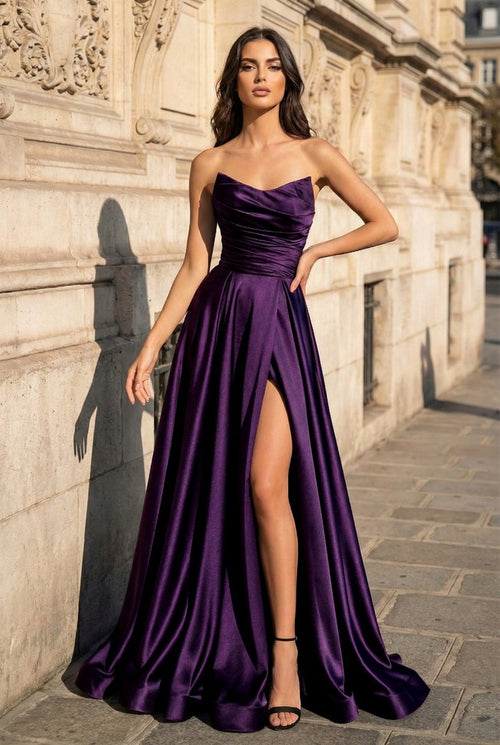 A Line Black Strapless Satin Prom Dresses With Slit – Prom Dress by KissProm | Available at KissProm