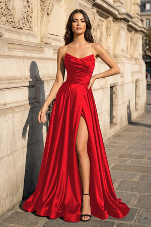 A Line Black Strapless Satin Prom Dresses With Slit – Prom Dress by KissProm | Available at KissProm
