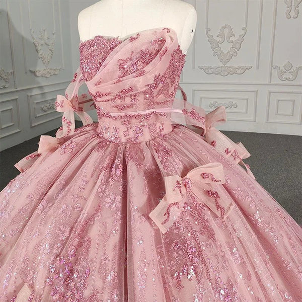 Romantic Pink beading Quinceanera Dress Sequined Sleeveless with Bowknot