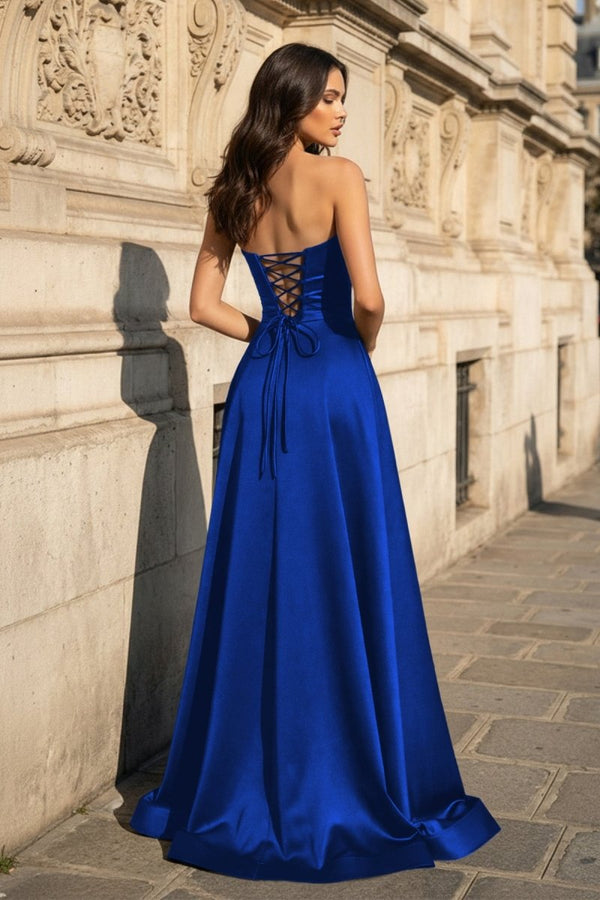 A Line Black Strapless Satin Prom Dresses With Slit – Prom Dress by KissProm | Available at KissProm