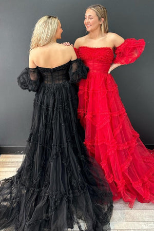 A-Line Strapless Ruffles Long Formal Dress with Puff Sleeves – Prom Dress by KissProm | Available at KissProm