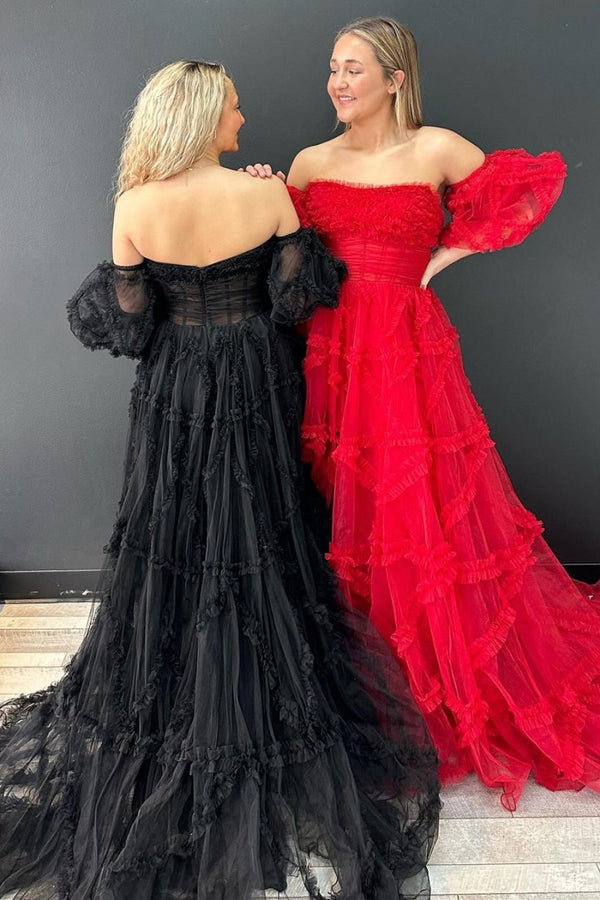 A-Line Strapless Ruffles Long Formal Dress with Puff Sleeves – Prom Dress by KissProm | Available at KissProm