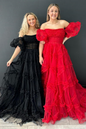 A-Line Strapless Ruffles Long Formal Dress with Puff Sleeves – Prom Dress by KissProm | Available at KissProm