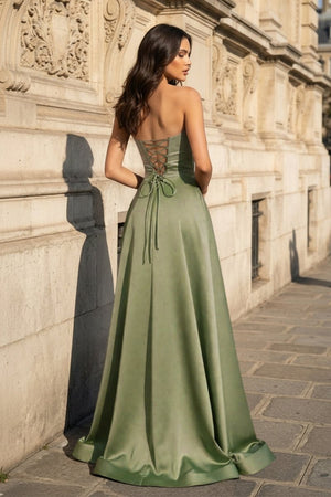 A Line Black Strapless Satin Prom Dresses With Slit – Prom Dress by KissProm | Available at KissProm