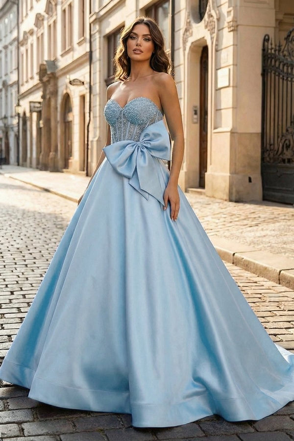 A - Line Sweetheart Lilac Beaded Long Prom Dresses With Bow - KissProm