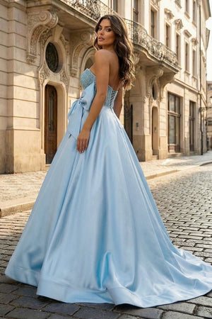 A - Line Sweetheart Lilac Beaded Long Prom Dresses With Bow - KissProm