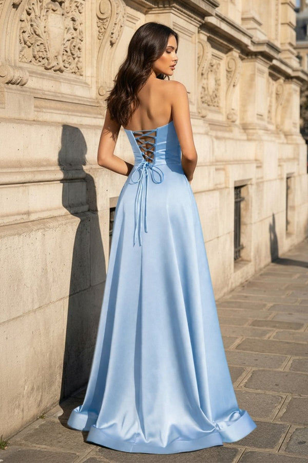 A Line Black Strapless Satin Prom Dresses With Slit – Prom Dress by KissProm | Available at KissProm