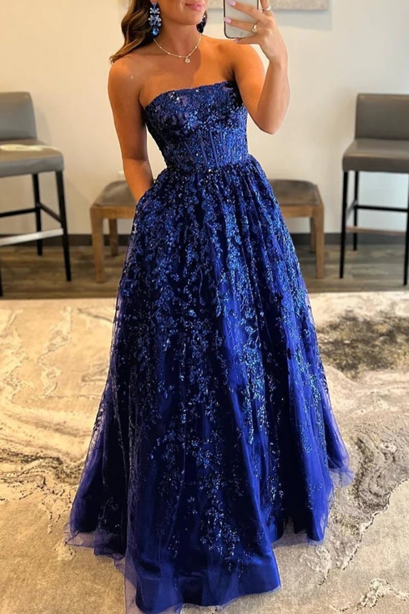 A-line Sequined Lace Long Prom Dress with Pockets – Prom Dress by KissProm | Available at KissProm