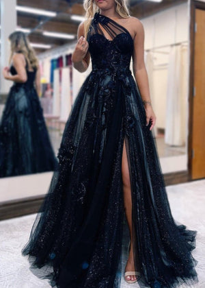 A Line One Shoulder Black Long Prom Dress with Appliques – Prom Dress by KissProm | Available at KissProm