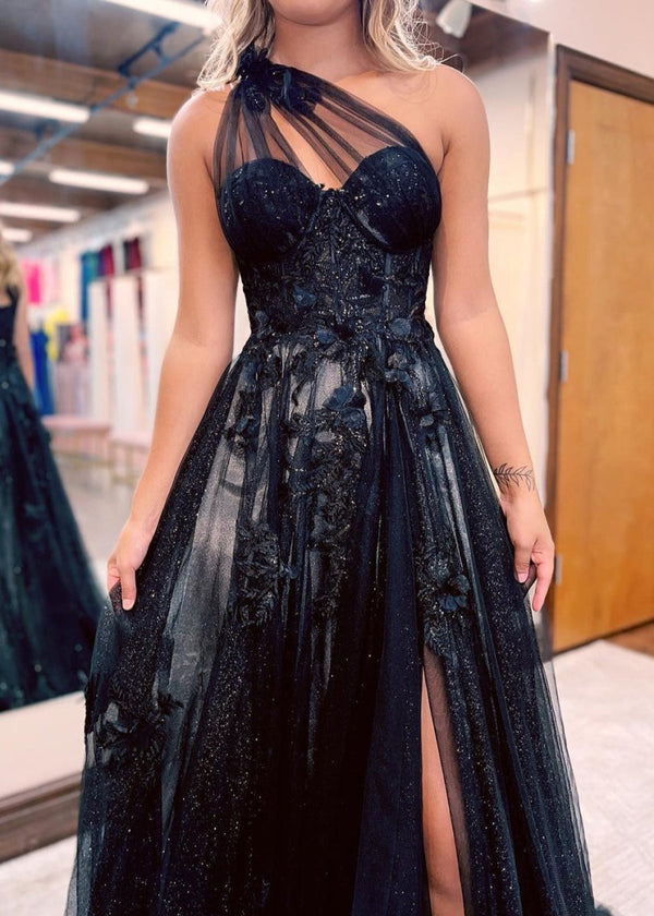 A Line One Shoulder Black Long Prom Dress with Appliques – Prom Dress by KissProm | Available at KissProm