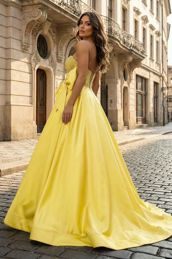 A - Line Sweetheart Lilac Beaded Long Prom Dresses With Bow - KissProm
