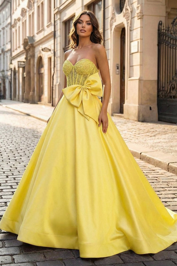 A - Line Sweetheart Lilac Beaded Long Prom Dresses With Bow - KissProm