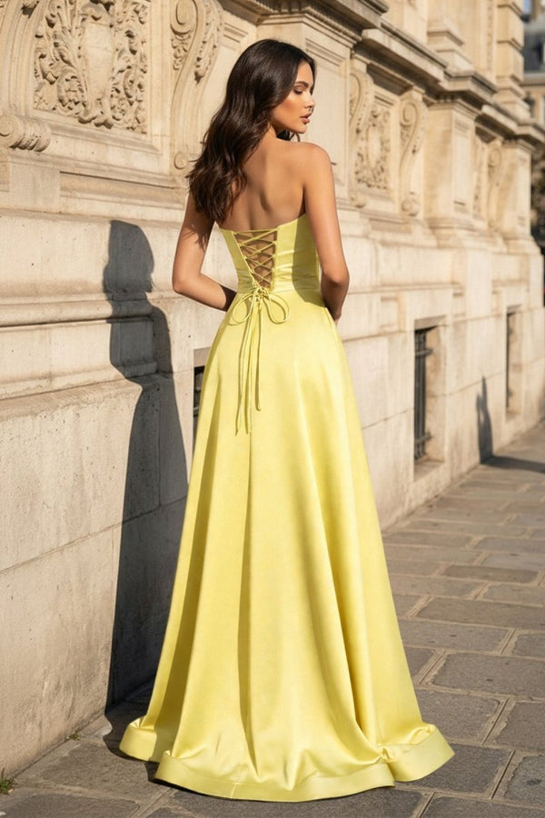 A Line Black Strapless Satin Prom Dresses With Slit – Prom Dress by KissProm | Available at KissProm