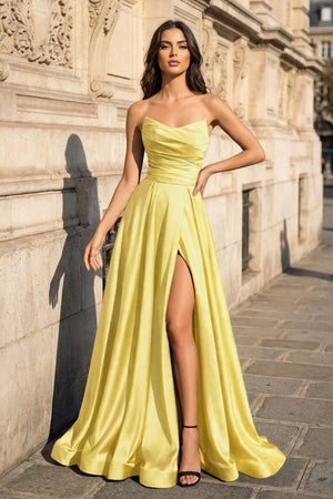 A Line Black Strapless Satin Prom Dresses With Slit – Prom Dress by KissProm | Available at KissProm