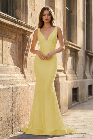 Pink V Neck Mermaid Satin Long Prom Dresses With Pearls – Prom Dress by KissProm | Available at KissProm