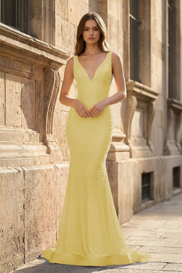 Pink V Neck Mermaid Satin Long Prom Dresses With Pearls – Prom Dress by KissProm | Available at KissProm