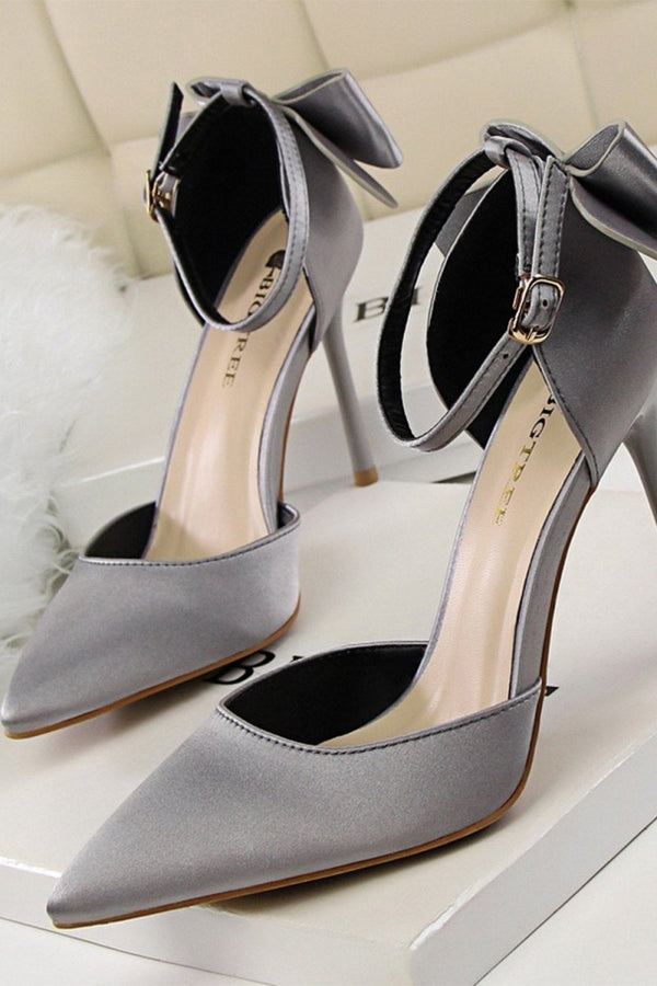 Burgundy Satin Prom Heels with Bowknot - KissProm