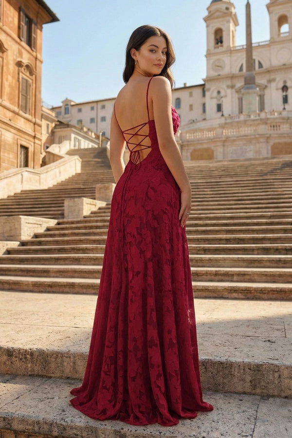 Pink A-Line Lace Floral Spaghetti Straps Long Prom Dresses – Prom Dresses by KissProm | Available at KissProm