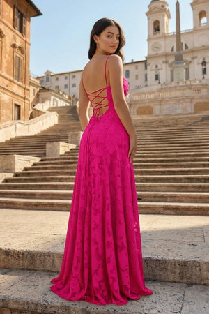 Pink A-Line Lace Floral Spaghetti Straps Long Prom Dresses – Prom Dresses by KissProm | Available at KissProm