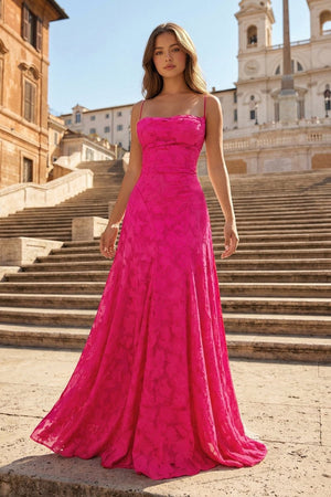 Pink A-Line Lace Floral Spaghetti Straps Long Prom Dresses – Prom Dresses by KissProm | Available at KissProm