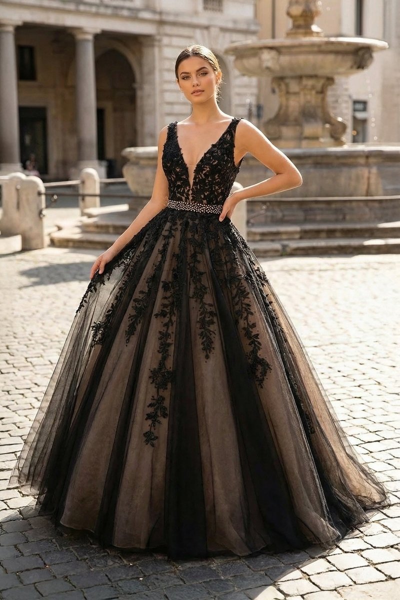 A Line Black V Neck Lace Long Prom Dress - KissProm