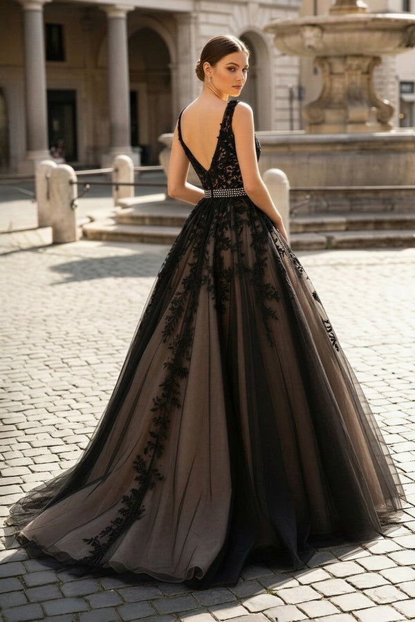A Line Black V Neck Lace Long Prom Dress - KissProm