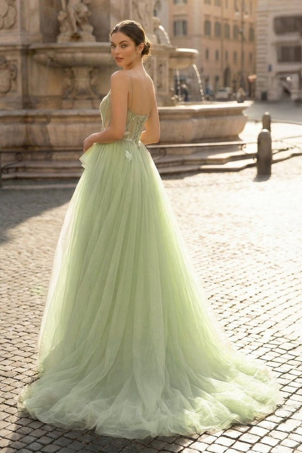A Line Corset Back Sage Green Tulle Long Dresses - KissProm