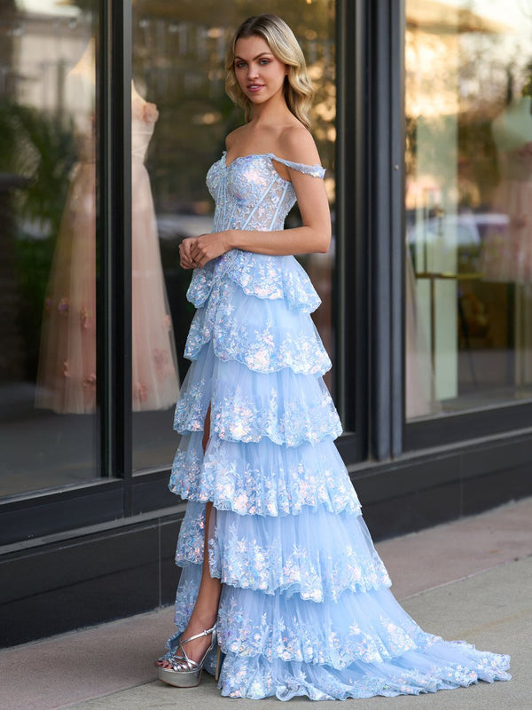 Princess A Line Off the Shoulder Corset Prom Dress with Lace Ruffles – Prom Dress by KissProm | Available at KissProm