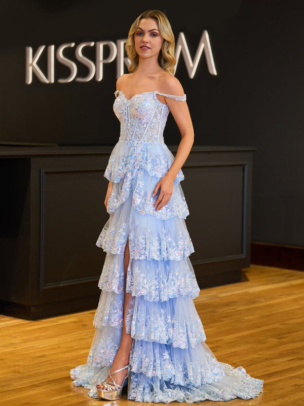 Princess A Line Off the Shoulder Corset Prom Dress with Lace Ruffles – Prom Dress by KissProm | Available at KissProm