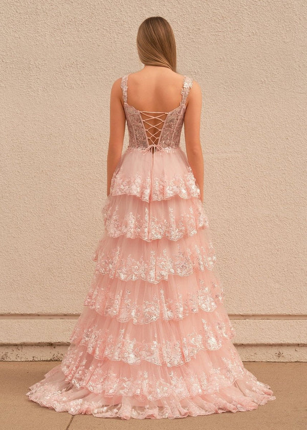 A-Line Lace Off-the-Shoulder Tiered Long Prom Dress with Slit – Prom Dress by KissProm | Available at KissProm