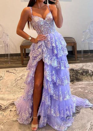 A-Line Lace Off-the-Shoulder Tiered Long Prom Dress with Slit – Prom Dress by KissProm | Available at KissProm