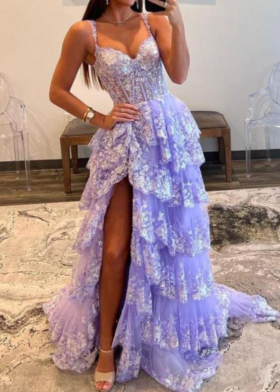 A-Line Lace Off-the-Shoulder Tiered Long Prom Dress with Slit – Prom Dress by KissProm | Available at KissProm