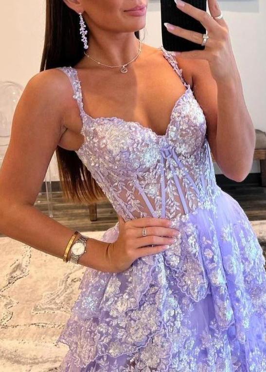 A-Line Lace Off-the-Shoulder Tiered Long Prom Dress with Slit – Prom Dress by KissProm | Available at KissProm