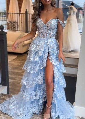 A-Line Lace Off-the-Shoulder Tiered Long Prom Dress with Slit – Prom Dress by KissProm | Available at KissProm