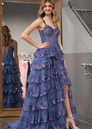 A-Line Lace Off-the-Shoulder Tiered Long Prom Dress with Slit – Prom Dress by KissProm | Available at KissProm