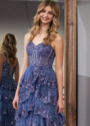A-Line Lace Off-the-Shoulder Tiered Long Prom Dress with Slit – Prom Dress by KissProm | Available at KissProm