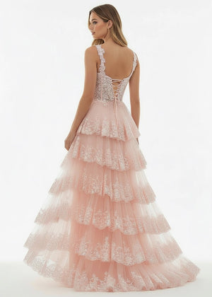 A-Line Lace Off-the-Shoulder Tiered Long Prom Dress with Slit – Prom Dress by KissProm | Available at KissProm