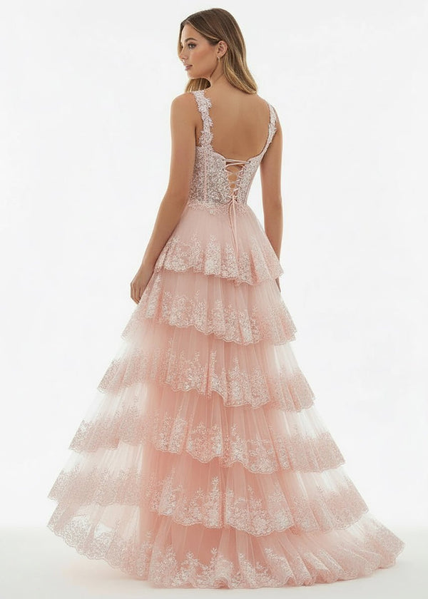 A-Line Lace Off-the-Shoulder Tiered Long Prom Dress with Slit – Prom Dress by KissProm | Available at KissProm