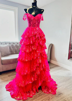 A-Line Lace Off-the-Shoulder Tiered Long Prom Dress with Slit – Prom Dress by KissProm | Available at KissProm