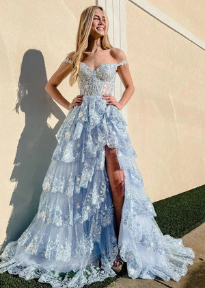 A-Line Lace Off-the-Shoulder Tiered Long Prom Dress with Slit – Prom Dress by KissProm | Available at KissProm