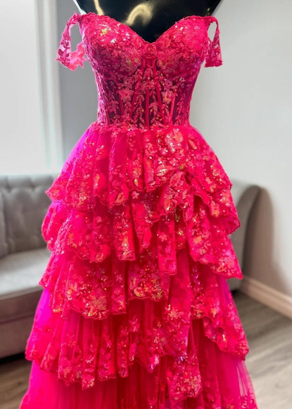 A-Line Lace Off-the-Shoulder Tiered Long Prom Dress with Slit – Prom Dress by KissProm | Available at KissProm